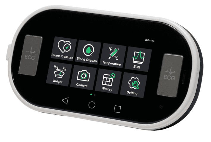 Health monitor device with touchscreen interface displaying vital sign tracking options including ECG, blood pressure, and oxygen levels.